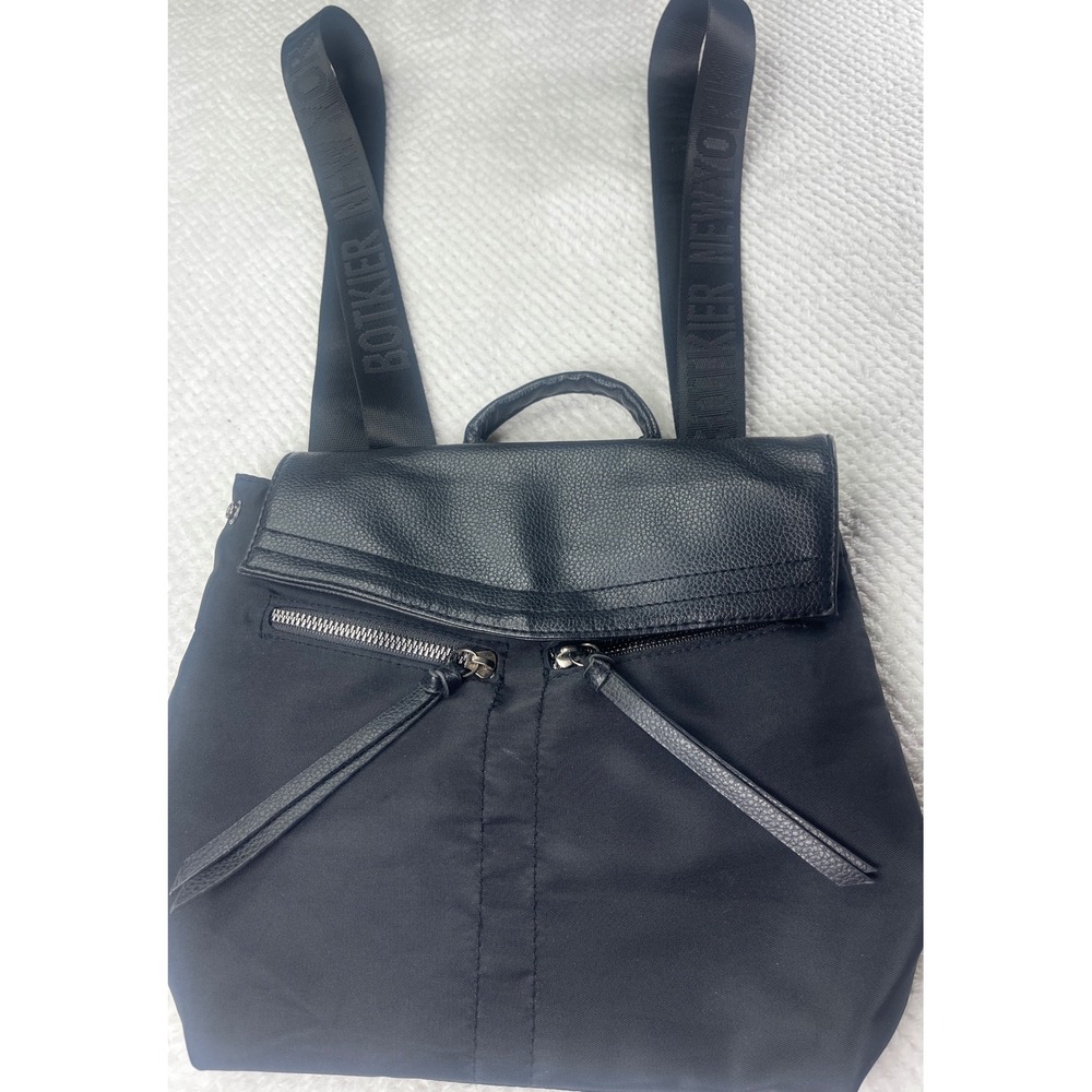 Botkier New York Black Nylon Backpack Logo Straps Faux Leather Trim Bag